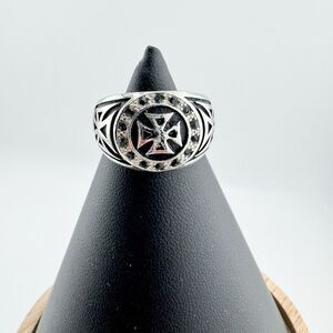 Vintage 925 Maltese Cross Ring Silver Gothic Biker Shield Statement 90s Bold